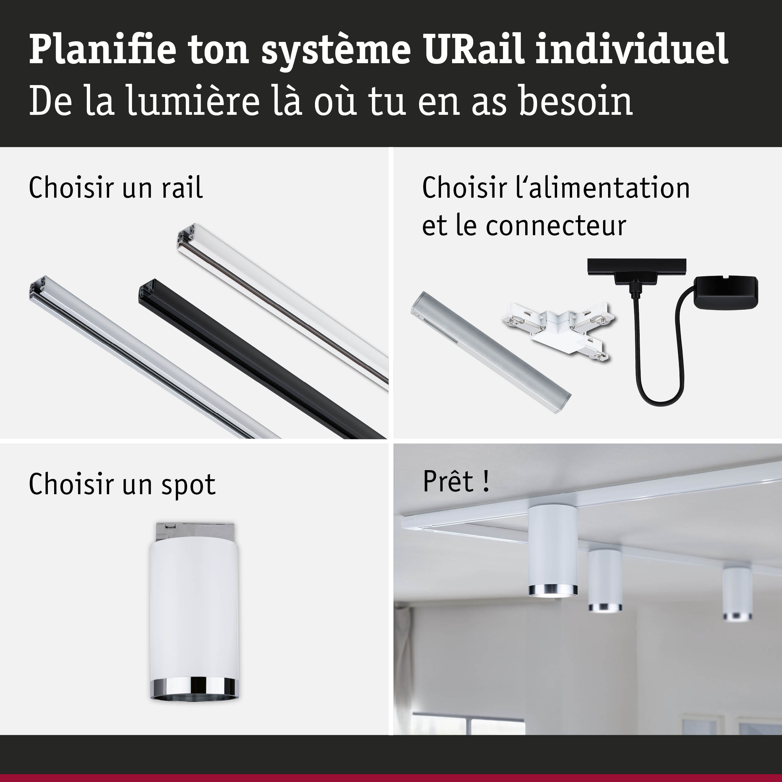 Système de rail URail modulaire avec rails blancs et noirs, connecteurs et spots LED pour éclairage flexible