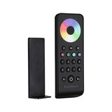 Black remote control with color wheel and buttons for light control, including plastic holder