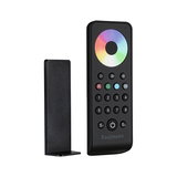 Black remote control with color wheel and buttons for light control, including plastic holder