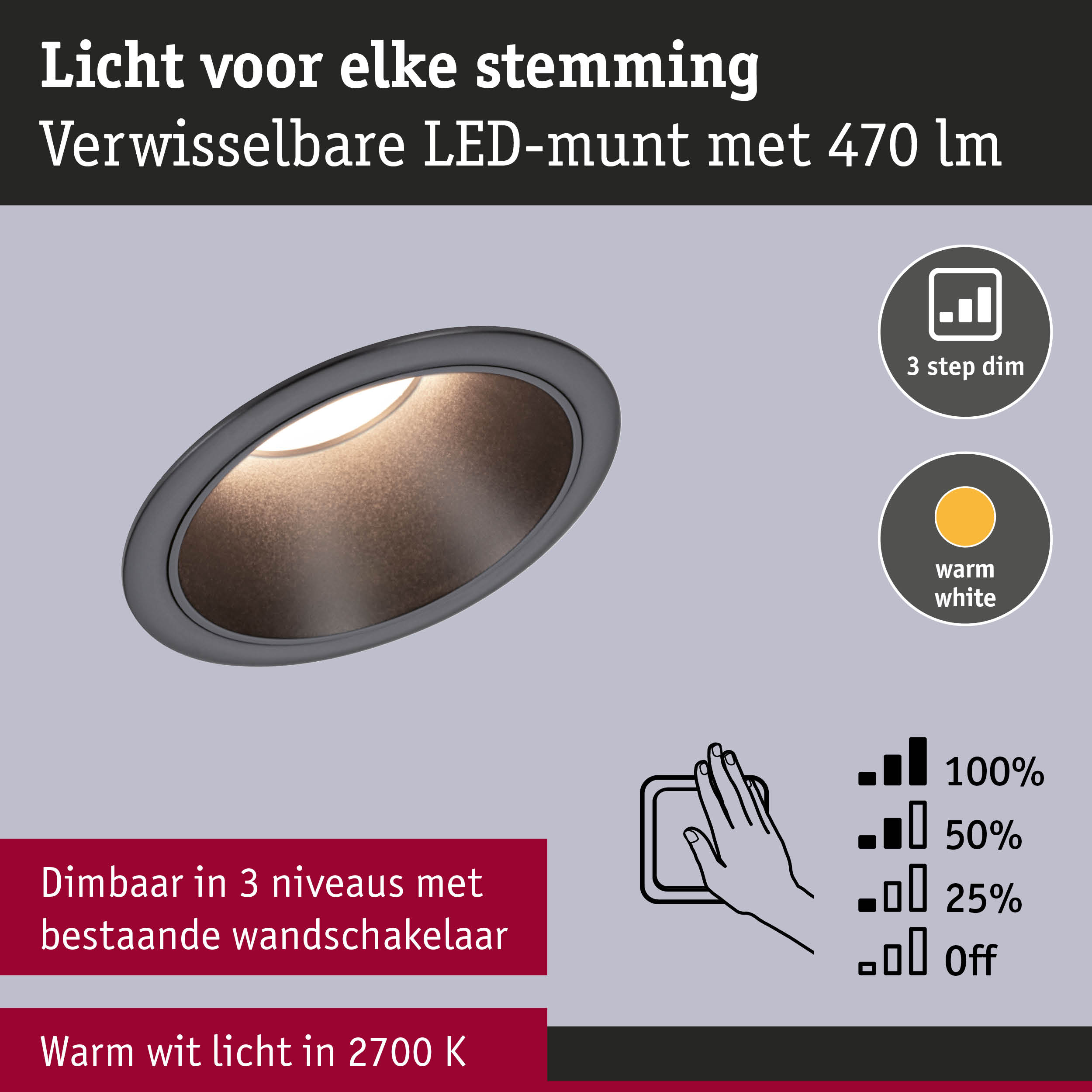 Ronde grijze LED-inbouwspot met warm wit licht 2700K en 3-traps dimfunctie voor sfeerverlichting