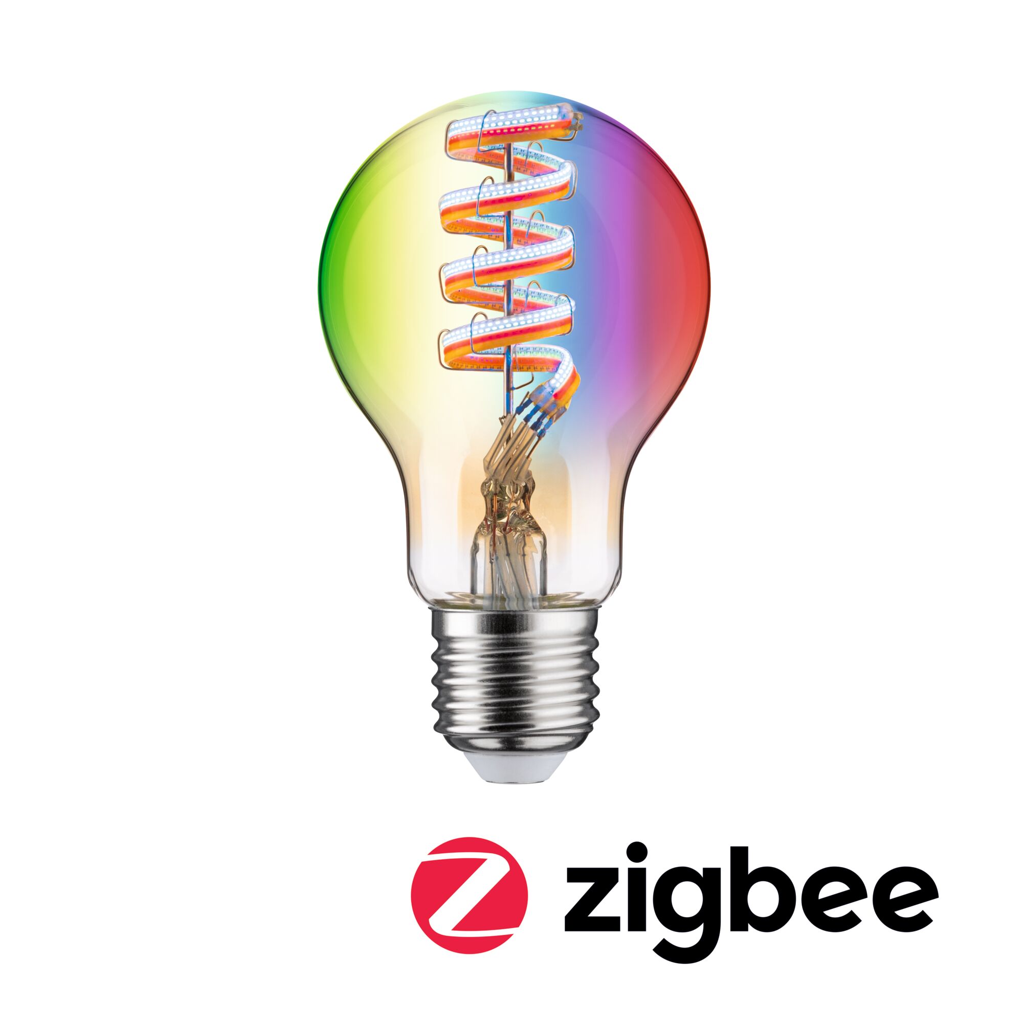 230 V Filament Smart Home Zigbee 3.0 LED Pear E27 470lm 6,3W RGBW+ dimmable Gold Colorful LED light bulb with spiral filament and metal base, compatible with Zigbee smart home system.