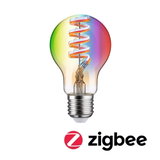 Bunte LED-Glühbirne mit Spiralfaden und Metallfassung, kompatibel mit Zigbee Smart-Home-System.