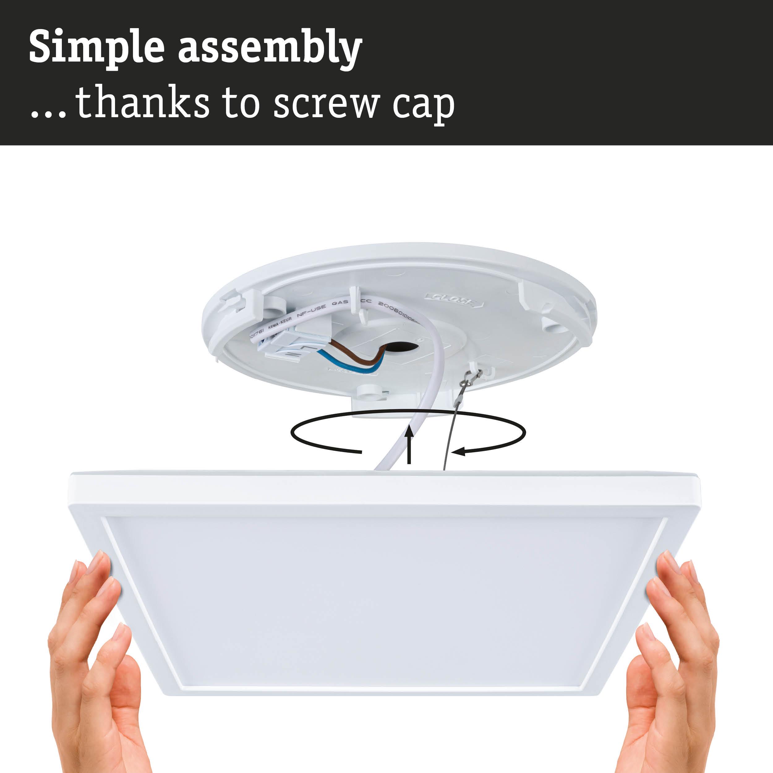 White square LED ceiling light in plastic with simple assembly using screw cap for easy installation