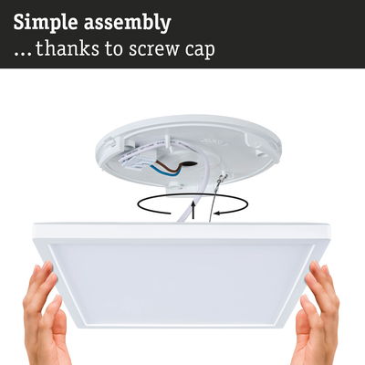 White square LED ceiling light in plastic with simple assembly using screw cap for easy installation