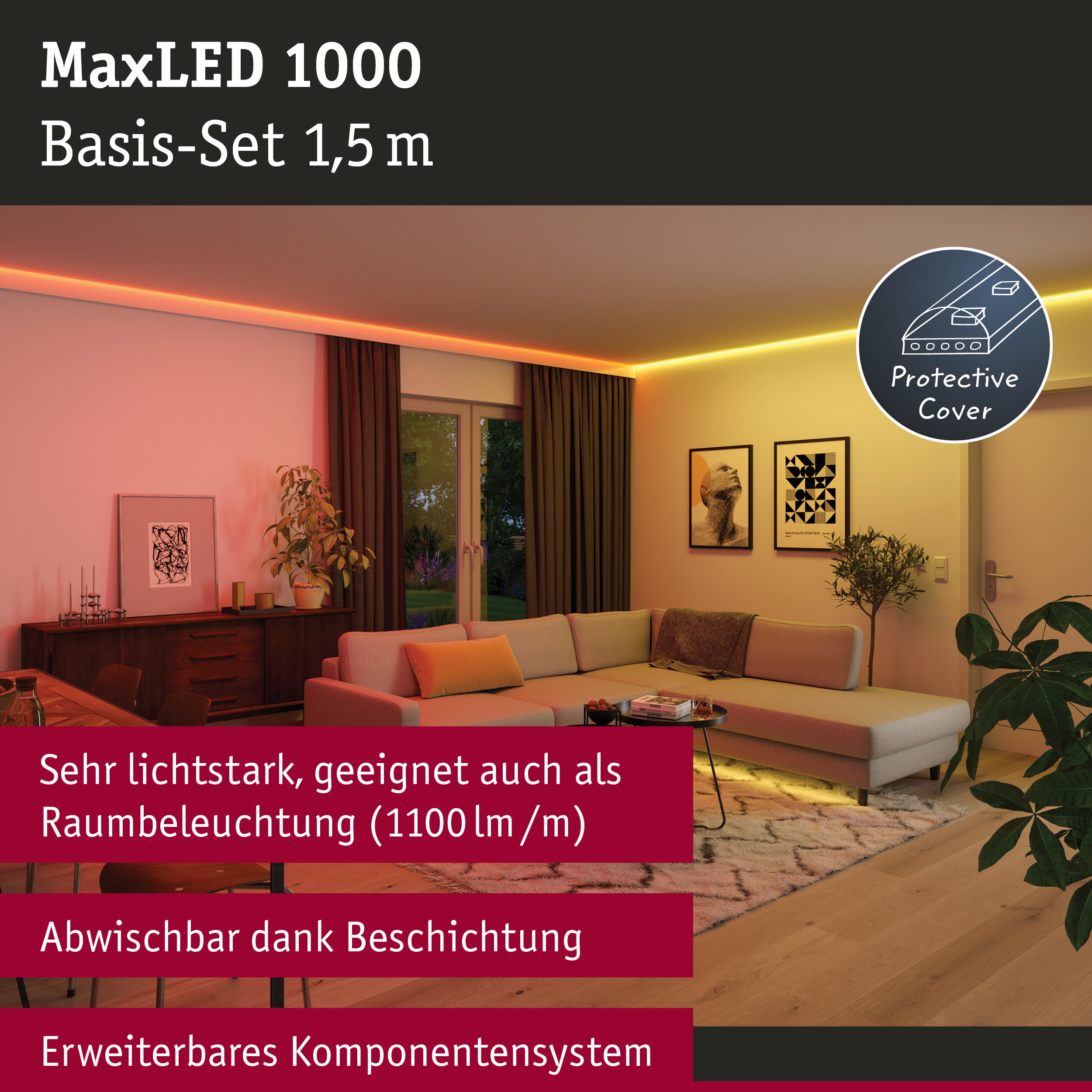 MaxLED 1000 LED-Lichtleiste 1,5 m mit Schutzabdeckung in Wohnzimmer für Raumbeleuchtung