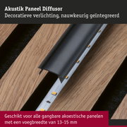 Zwarte akoestische paneel diffusor met geïntegreerde LED-verlichting op houten oppervlak voor akoestische panelen