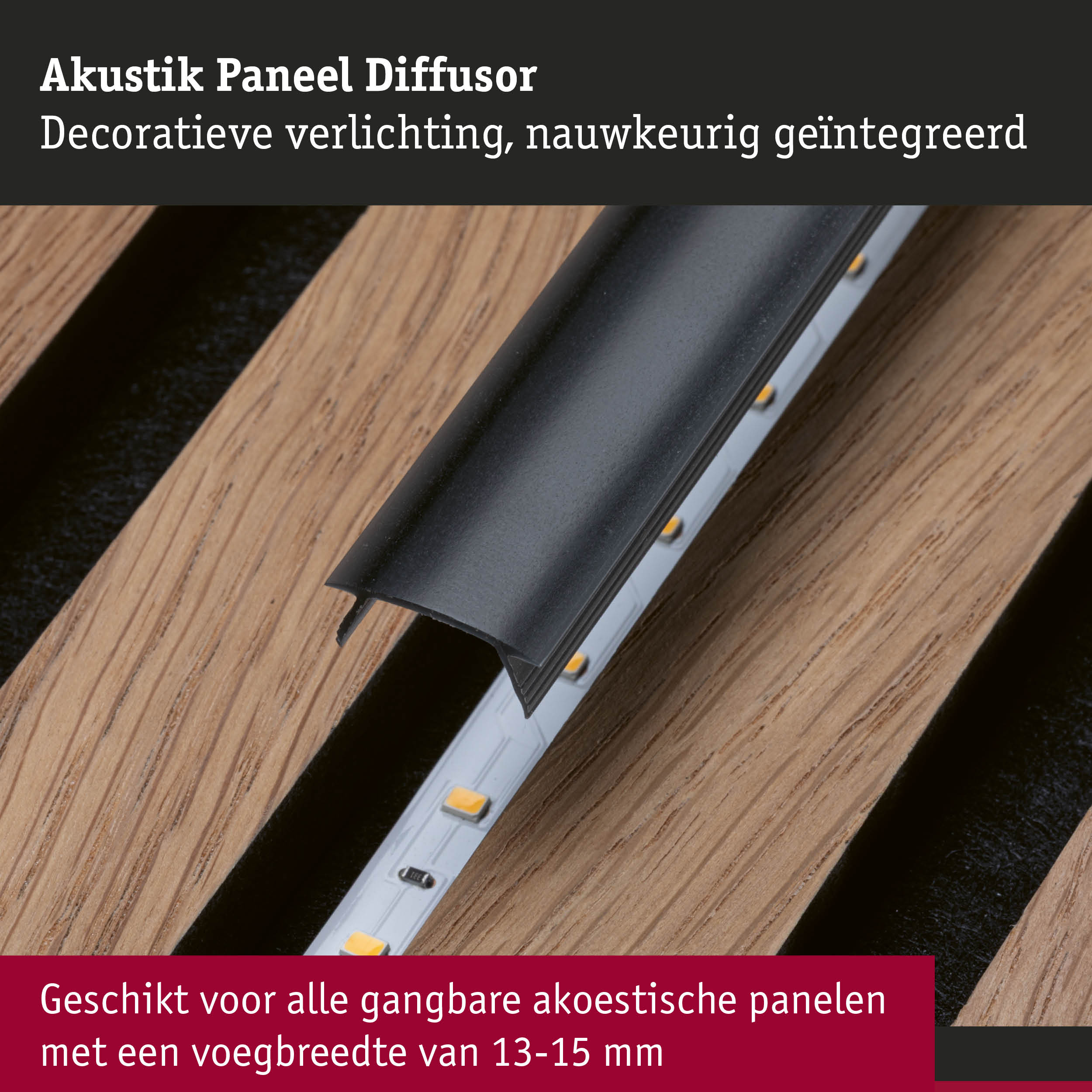 Zwarte akoestische paneel diffusor met geïntegreerde LED-verlichting op houten oppervlak voor akoestische panelen