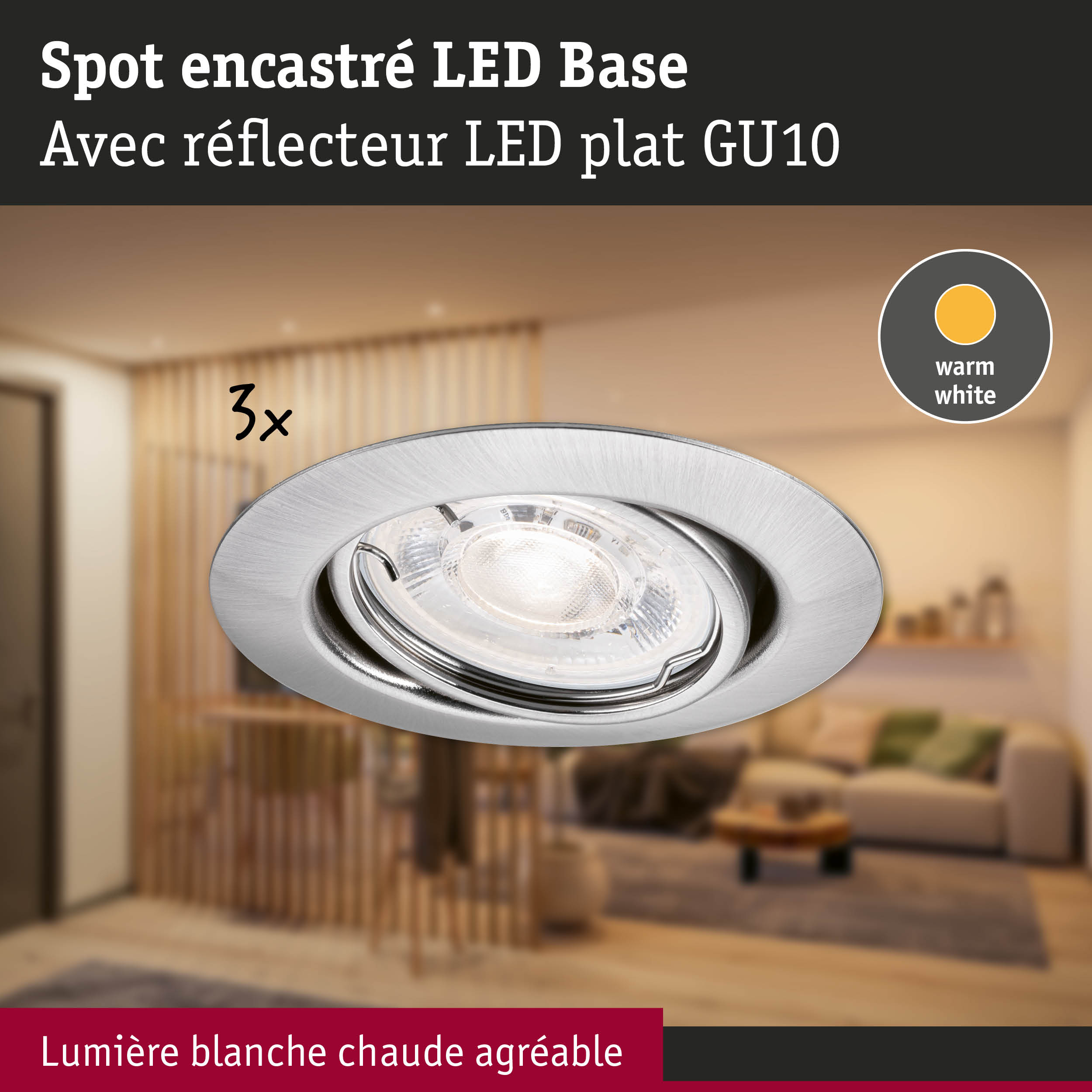 Spot LED encastré en aluminium brossé avec lumière blanc chaud pour un éclairage d'ambiance agréable