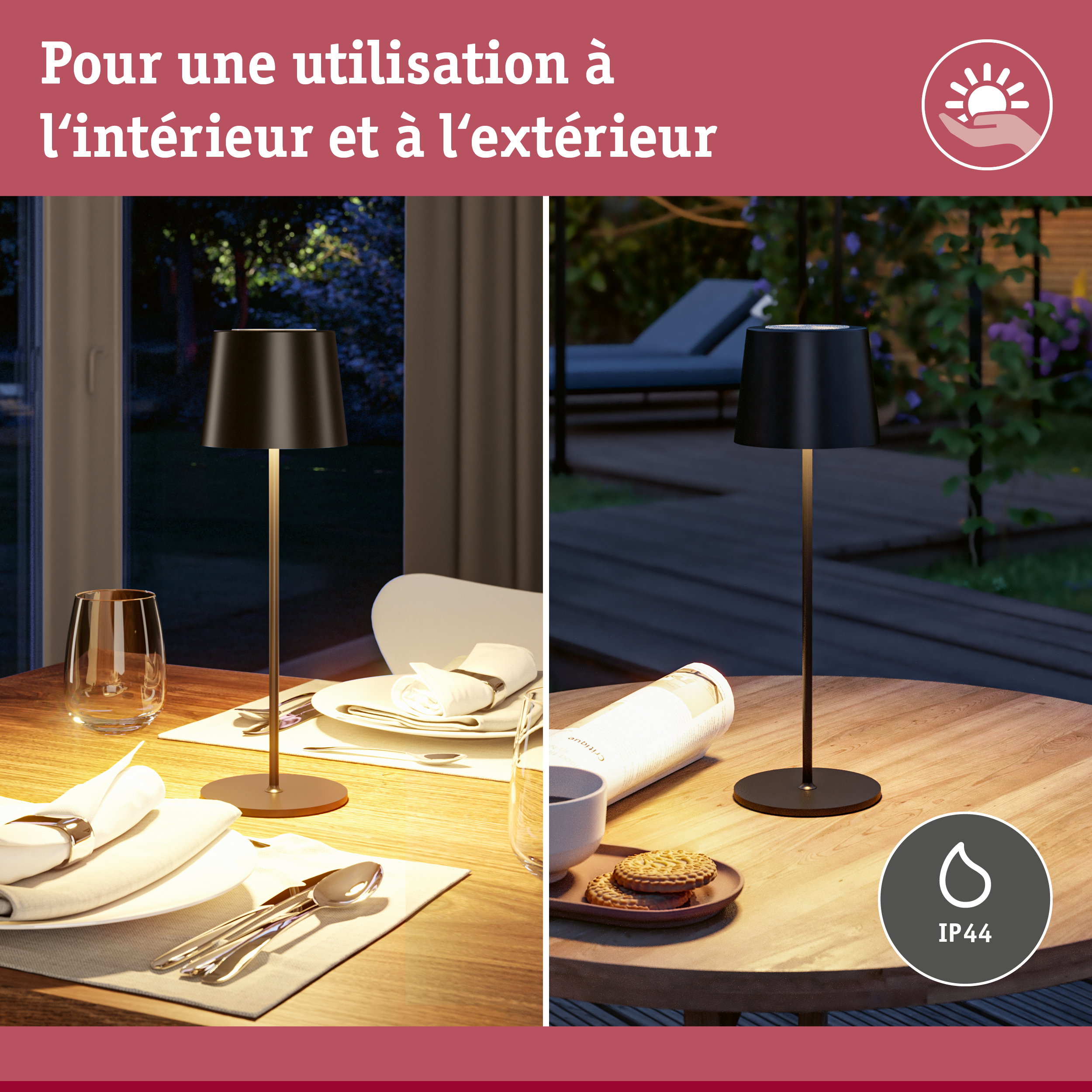 Lampe de table noire en métal sur table en bois, usage intérieur et extérieur avec protection IP44