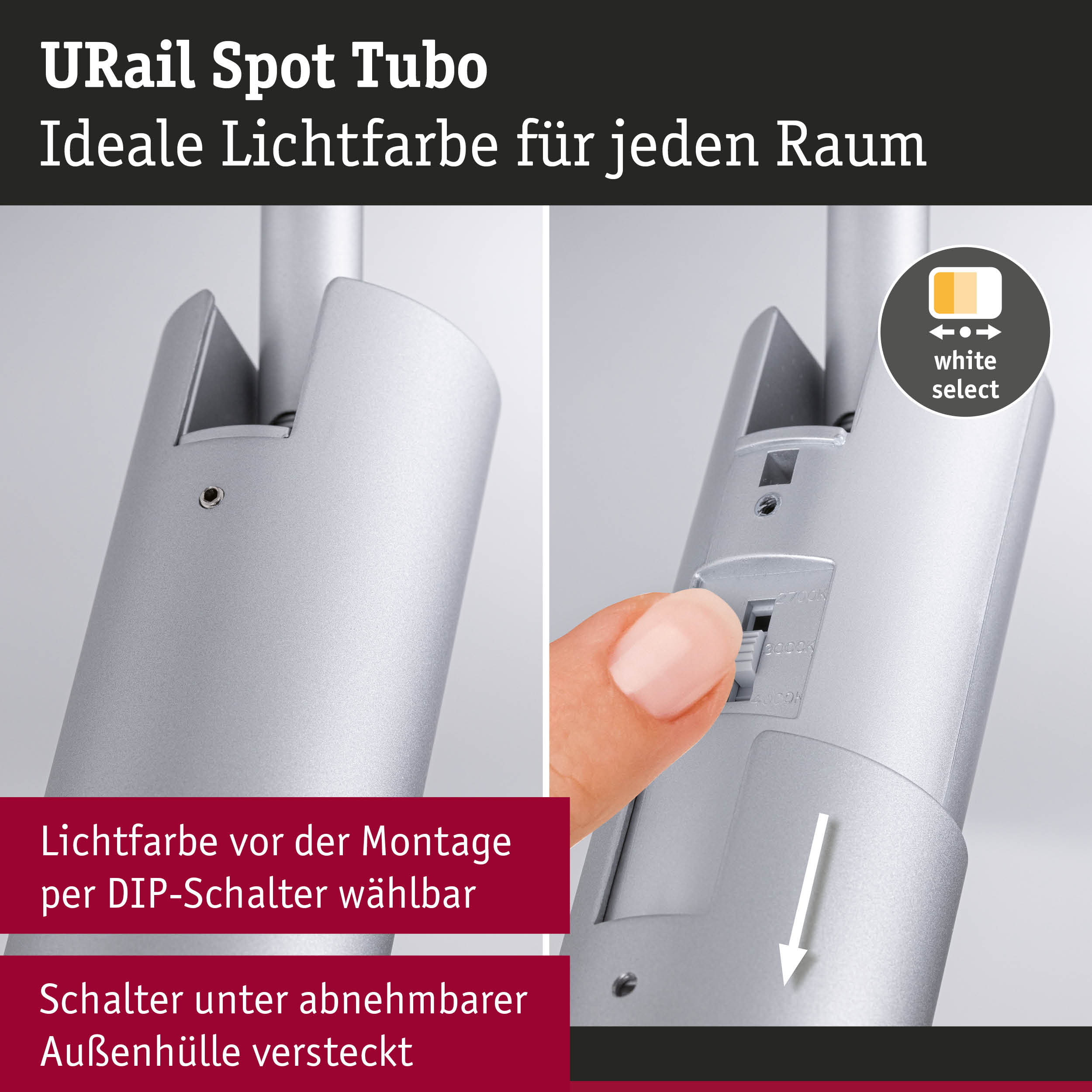 Silberner URail Spot Tubo Strahler mit DIP-Schalter zur Lichtfarbwahl vor der Montage