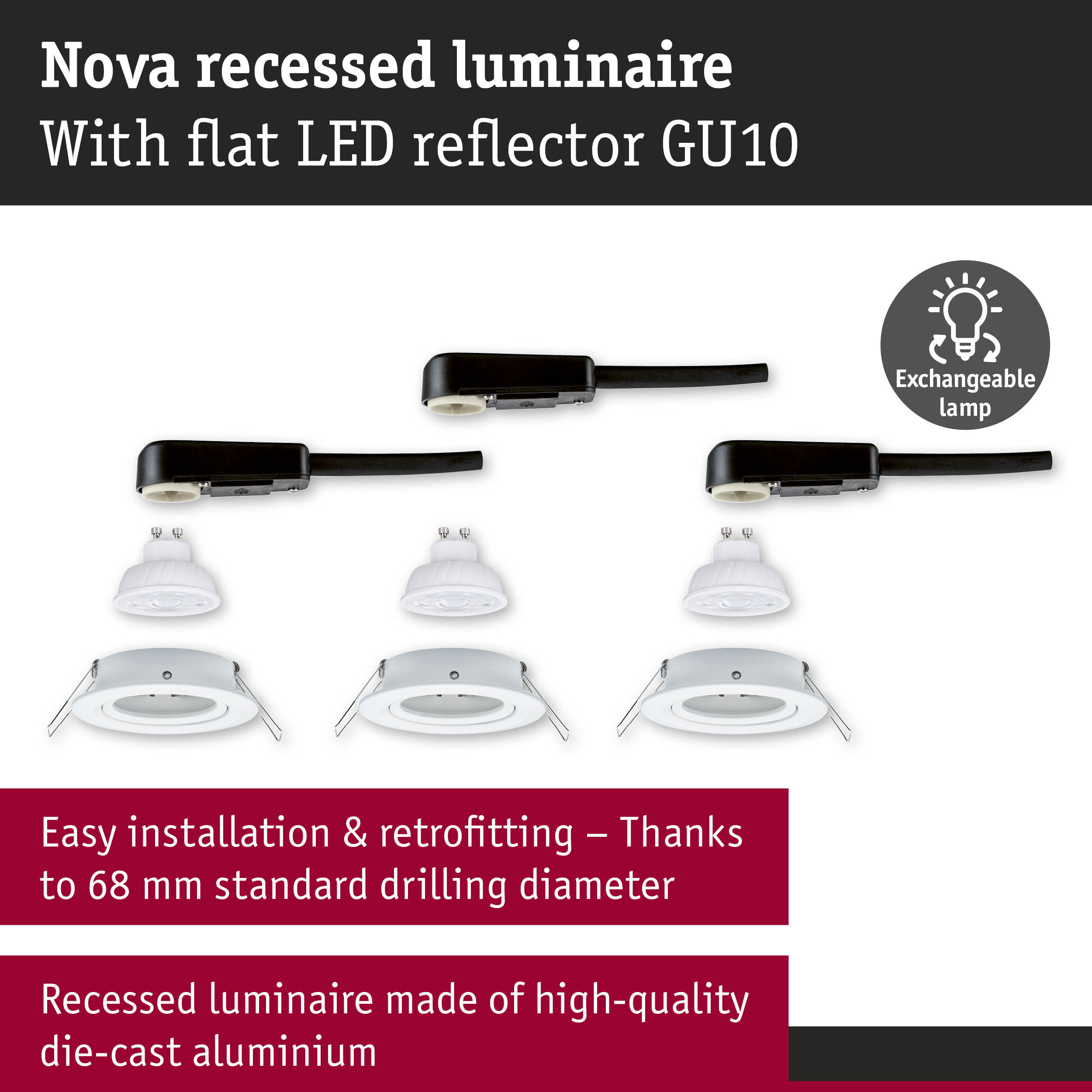 Nova recessed luminaire in white die-cast aluminium with GU10 LED socket and exchangeable lamp