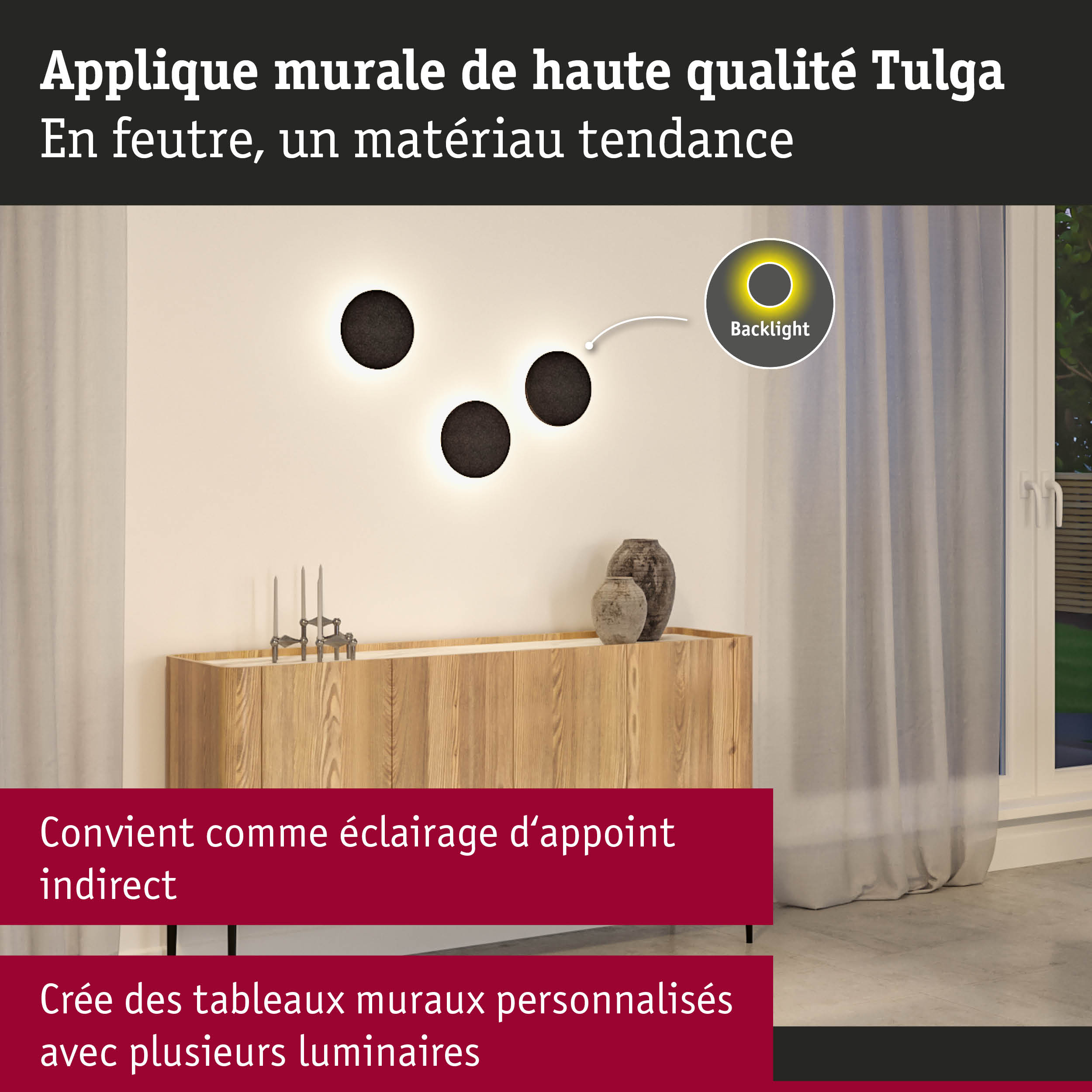 Applique murale Tulga en feutre noir avec éclairage LED indirect pour ambiance moderne