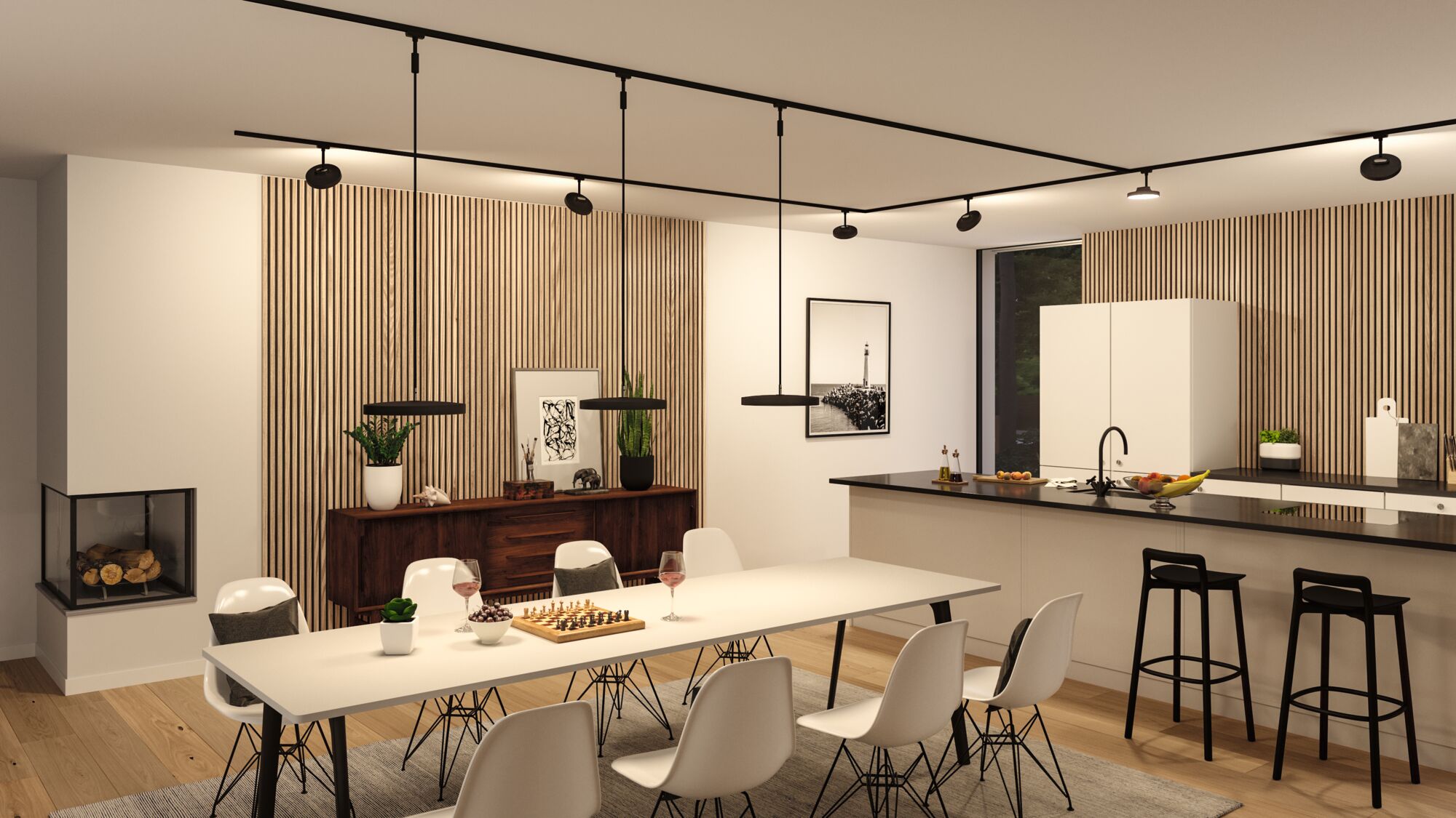 Modern dining area with black LED track lighting and minimalist white furniture in open kitchen