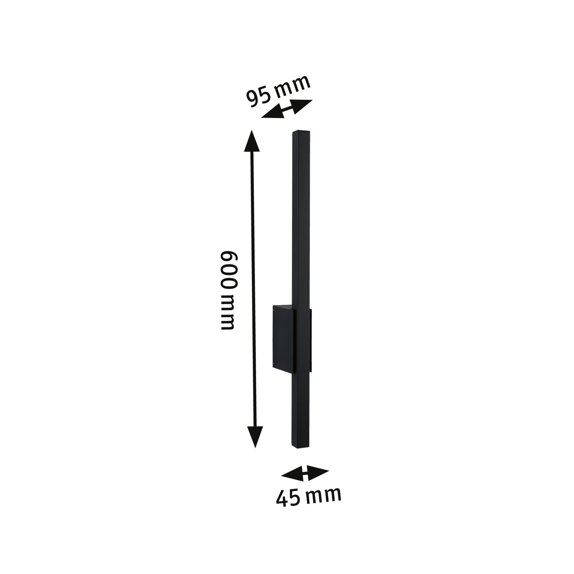 Schwarze LED-Wandleuchte aus Metall mit Maßen 600x95x45 mm für moderne Innenbeleuchtung