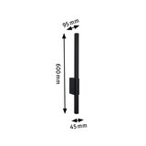 Black metal LED wall light measuring 600x95x45 mm for modern indoor lighting solutions