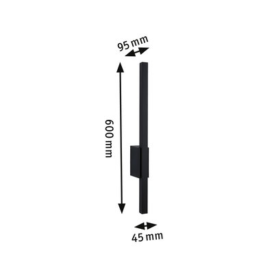 Black metal LED wall light measuring 600x95x45 mm for modern indoor lighting solutions