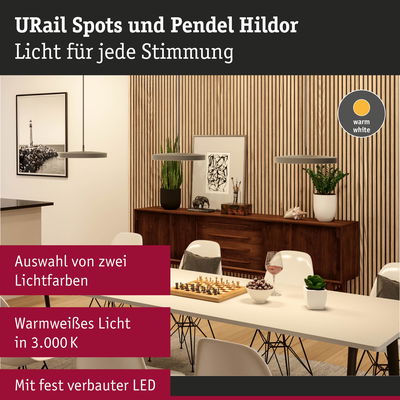 Moderne Pendelleuchten Hildor in Grau mit warmweißem LED-Licht über Esstisch in Holzraum