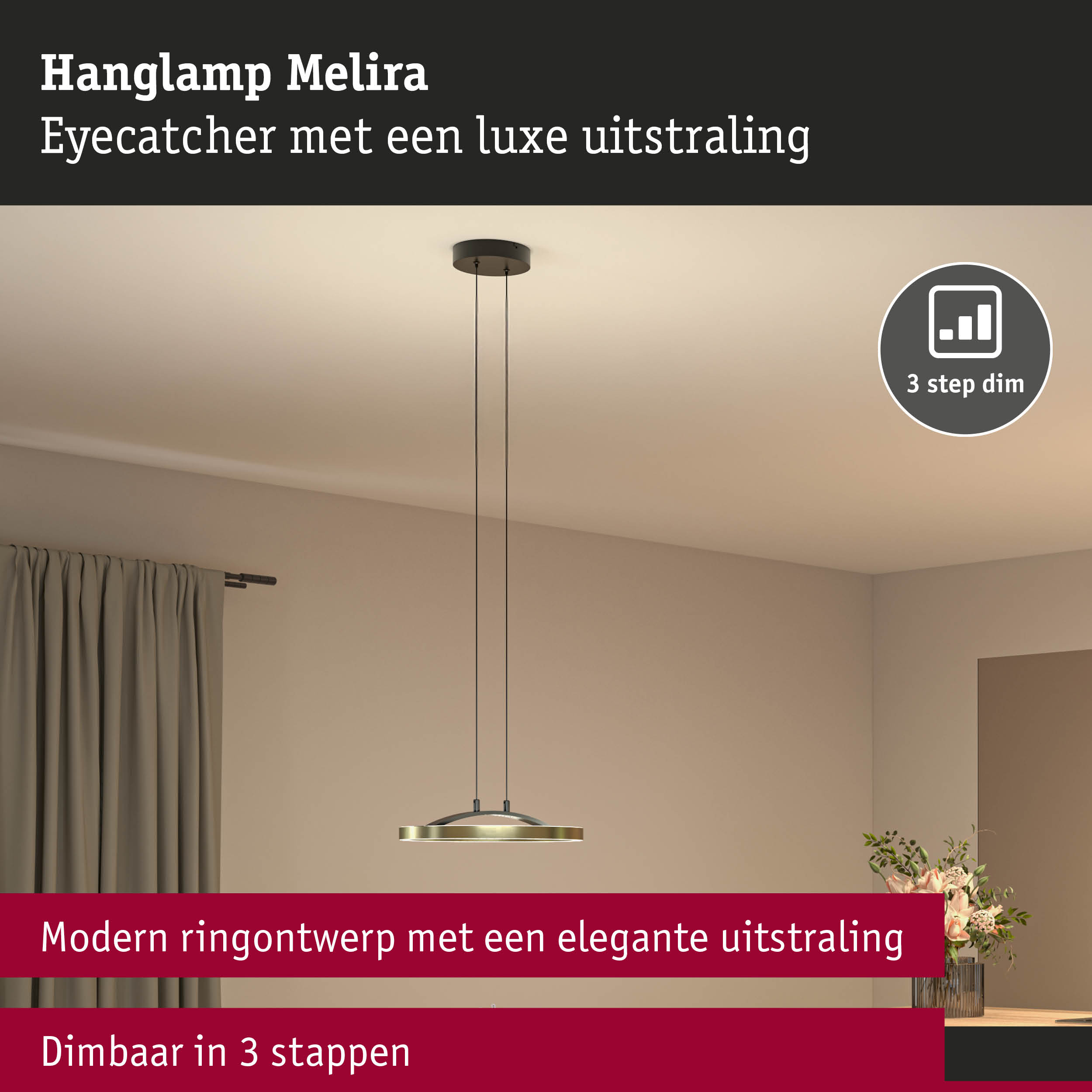 Moderne hanglamp Melira in goudkleurig metaal met ringontwerp en 3-staps dimbare LED-verlichting