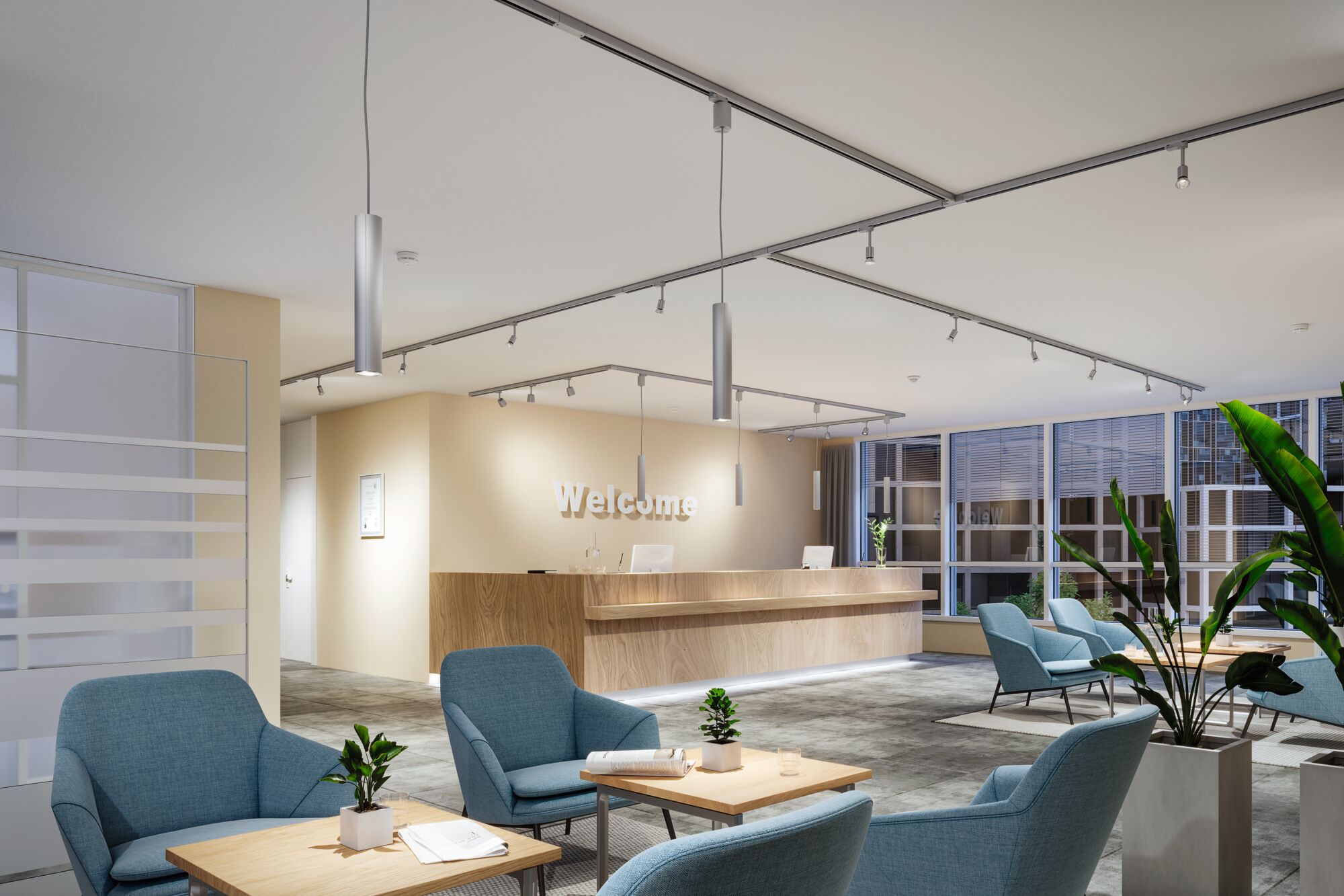 Espace d'accueil moderne avec comptoir en bois, fauteuils bleus et éclairage LED au plafond pour bureau