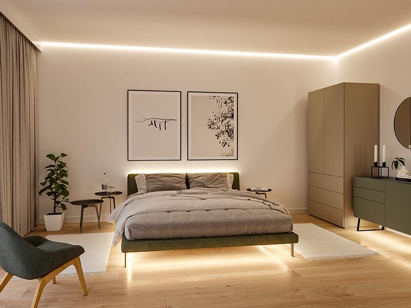 Modern bedroom with indirect LED ceiling lighting and warm wooden floor creating cozy atmosphere