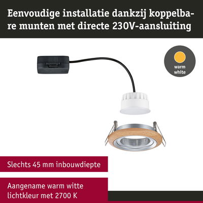 Inbouw LED-spot met houten rand, 45 mm inbouwdiepte, warm wit licht 2700 K, energiezuinige plafondlamp