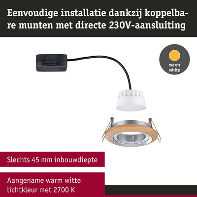 Inbouw LED-spot met houten rand, 45 mm inbouwdiepte, warm wit licht 2700 K, energiezuinige plafondlamp