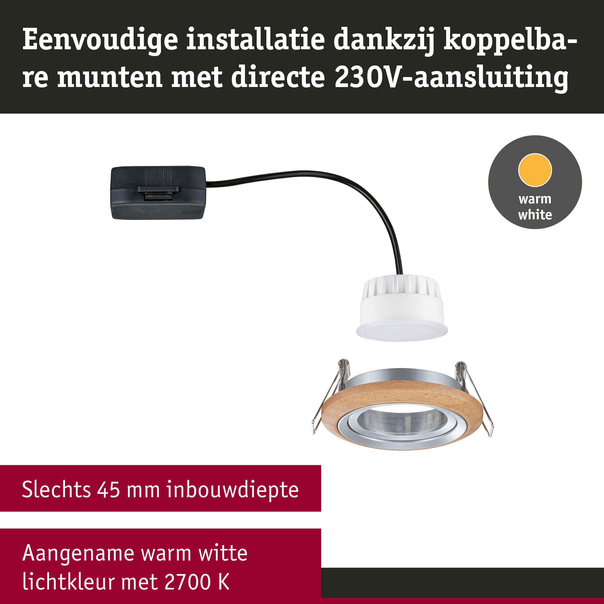 Inbouwspot met houten ring en aluminium, warm wit licht 2700 K, 45 mm inbouwdiepte