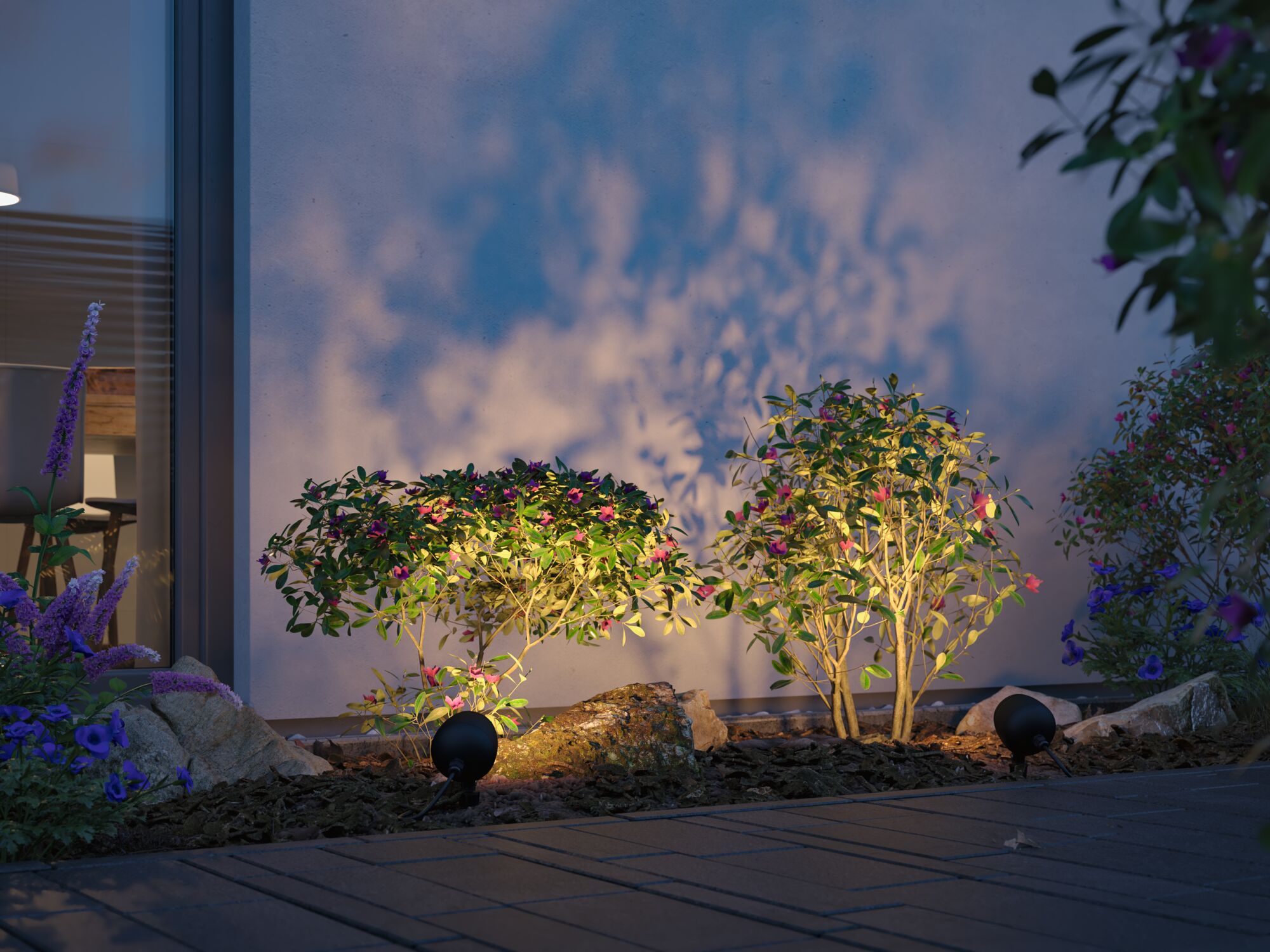 Two black LED garden spotlights illuminate green shrubs with pink flowers against house wall at dusk