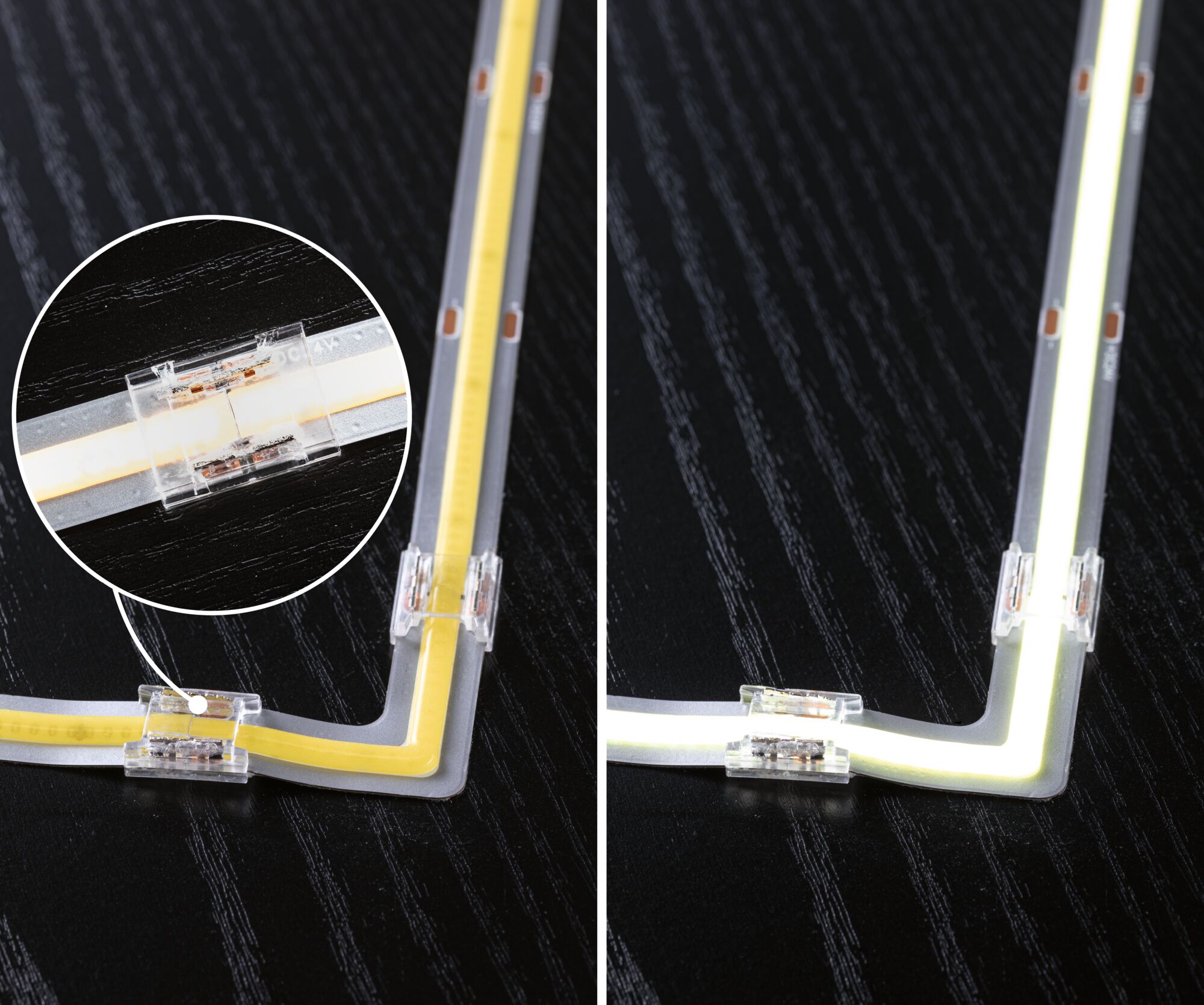 Bande LED avec connecteur d'angle transparent sur surface noire, lumière blanc chaud et vue détaillée.