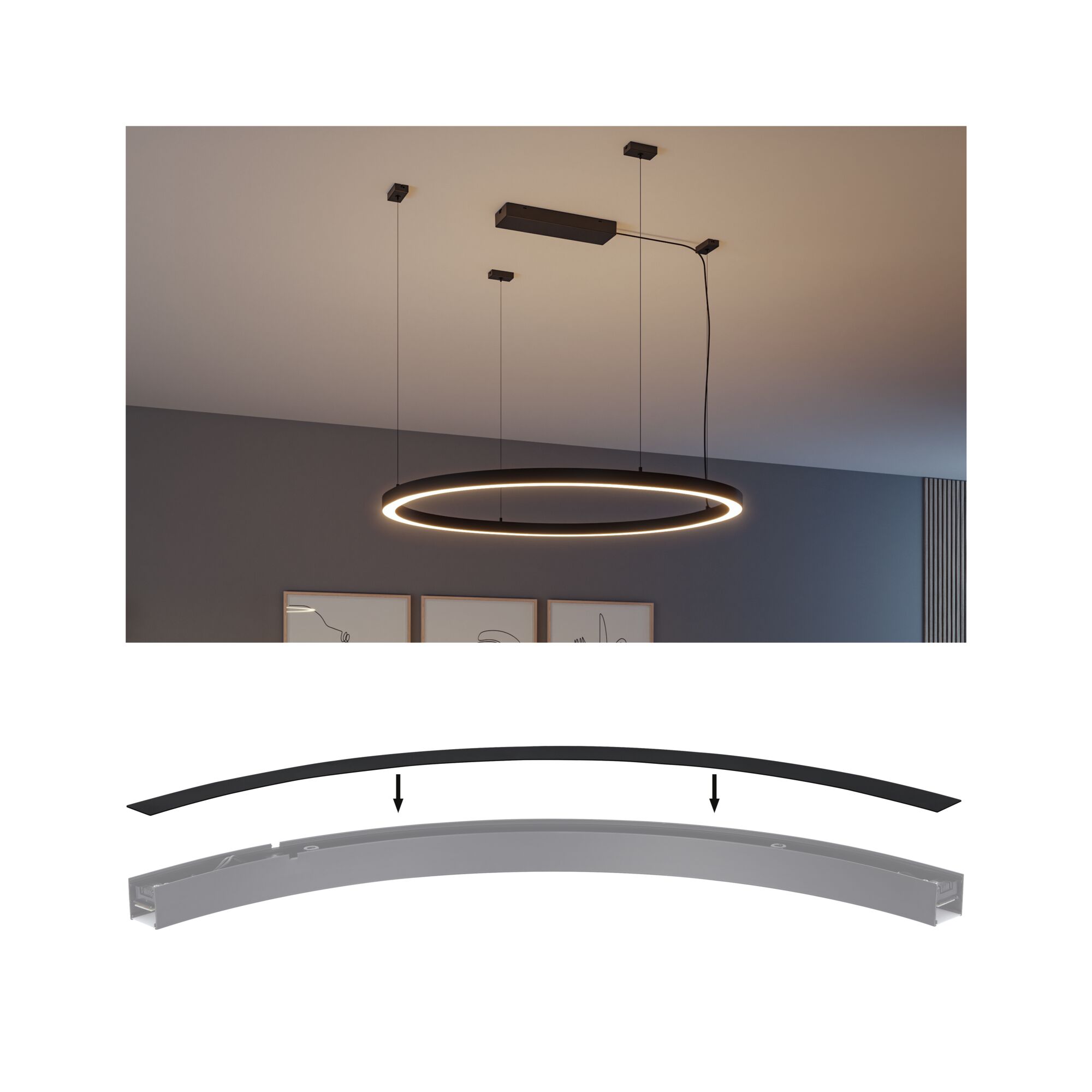 Sort rund LED-hængelampe med varmt hvidt lys og monteringsvejledning til moderne stuebelysning.