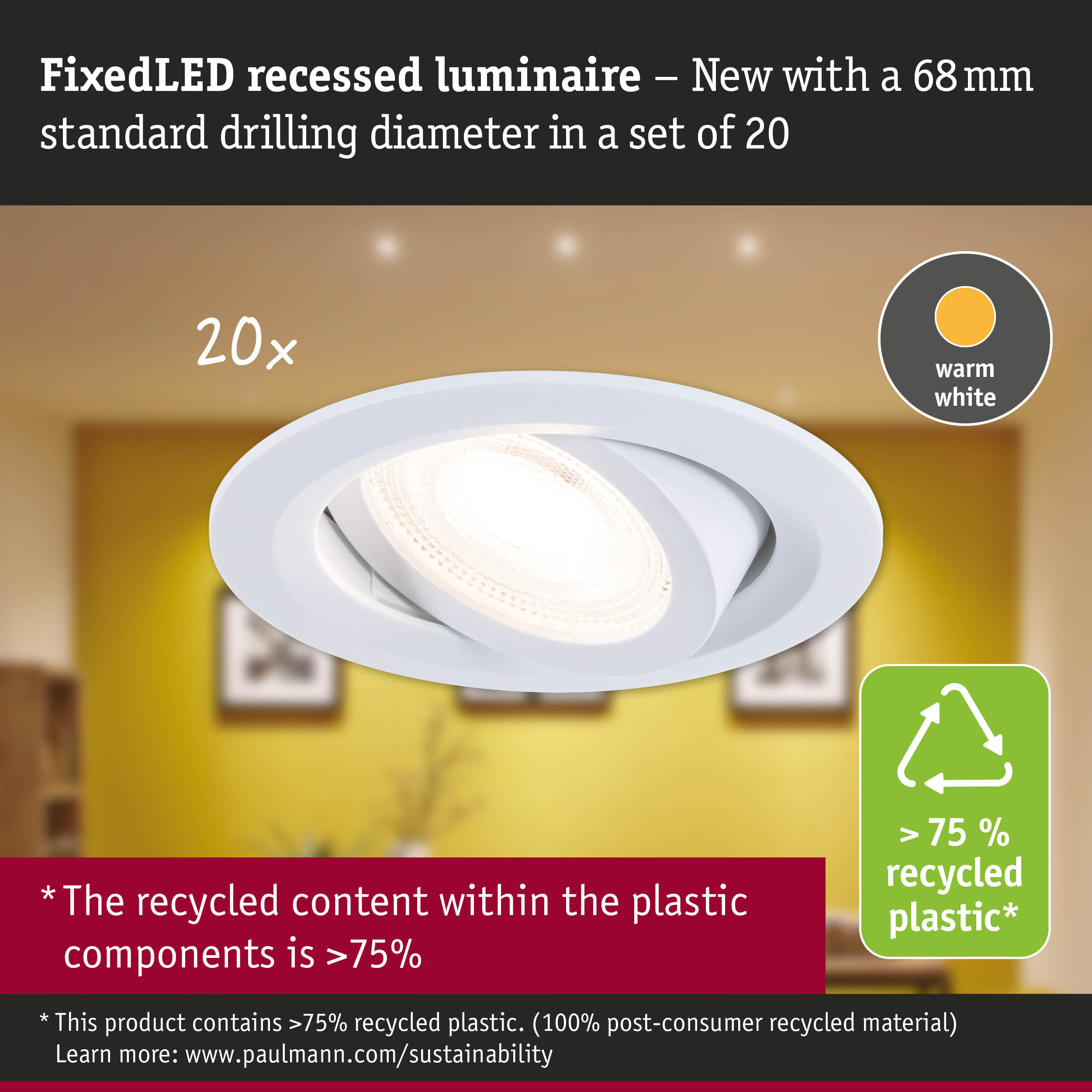 White FixedLED recessed light made from recycled plastic with warm white light and 68 mm drilling diameter