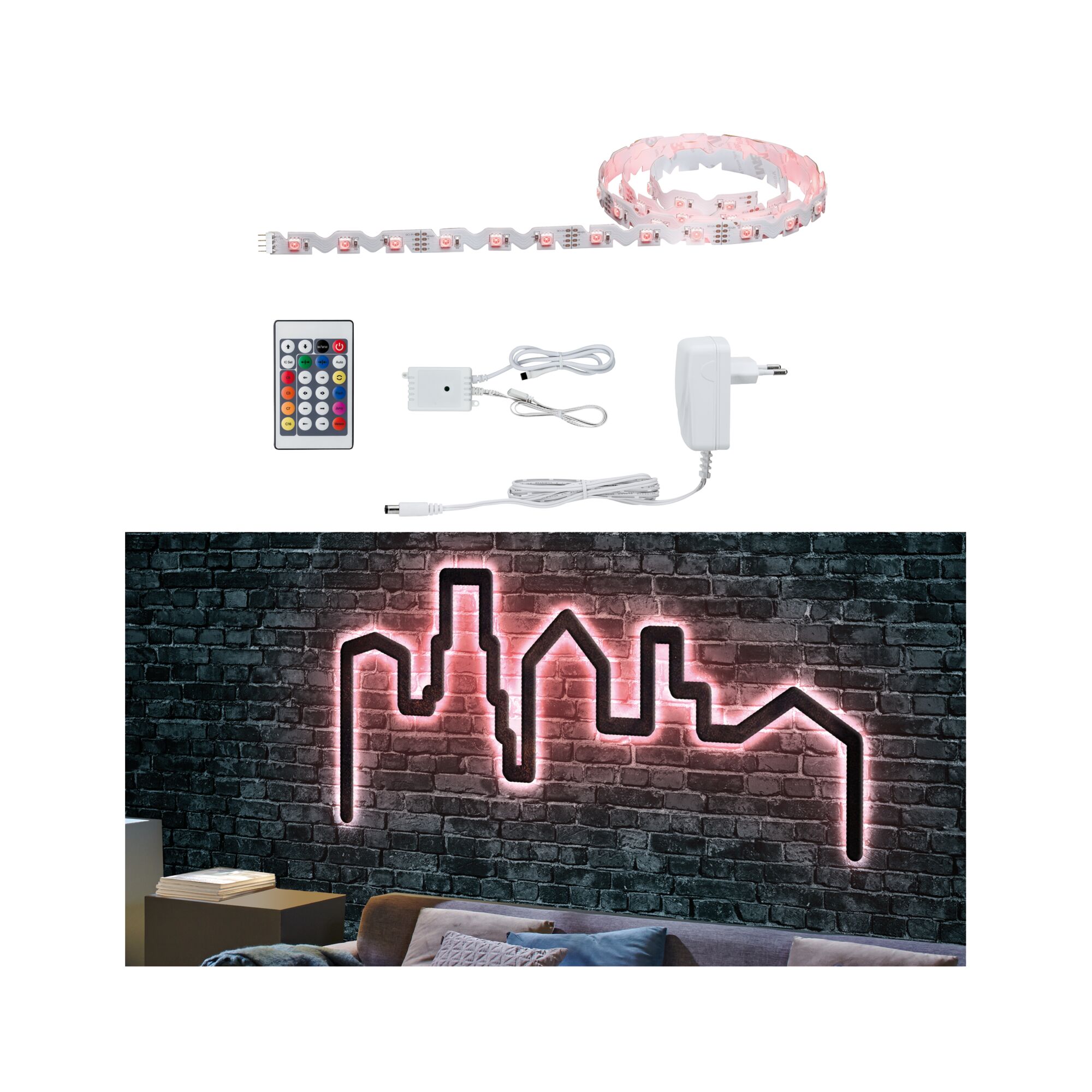 FlexLED LED Strip 3D 1,5m 11W 42 LEDs/m RGB 12VA LED-Lichtstreifen mit Fernbedienung und Netzteil, rosa Licht für Wanddekoration mit Stadt-Silhouette.