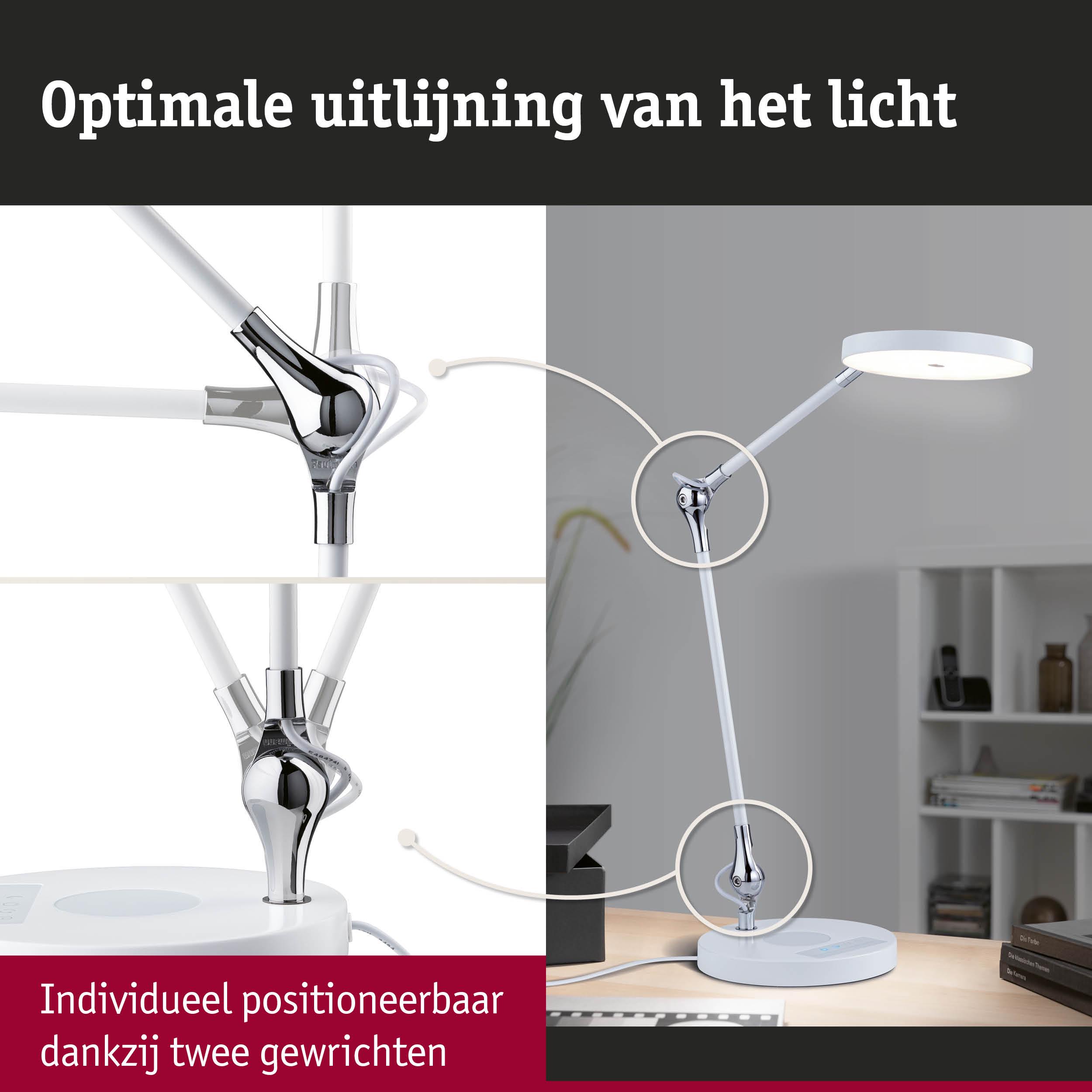 Witte LED-bureaulamp met twee verstelbare gewrichten voor optimale lichtuitlijning en flexibiliteit