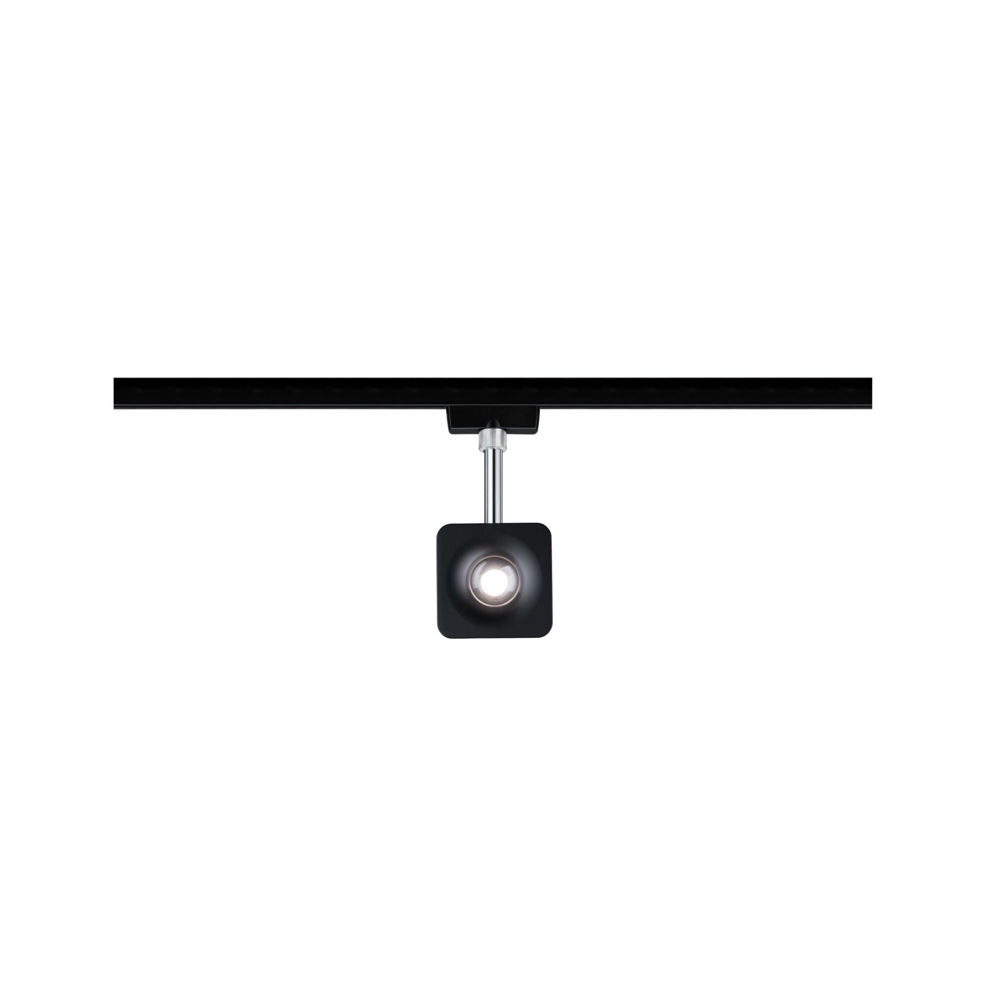Schwarzer quadratischer LED-Strahler aus Metall an schwarzer Schiene für moderne Innenbeleuchtung