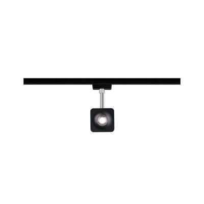Schwarzer quadratischer LED-Strahler aus Metall an schwarzer Schiene für moderne Innenbeleuchtung