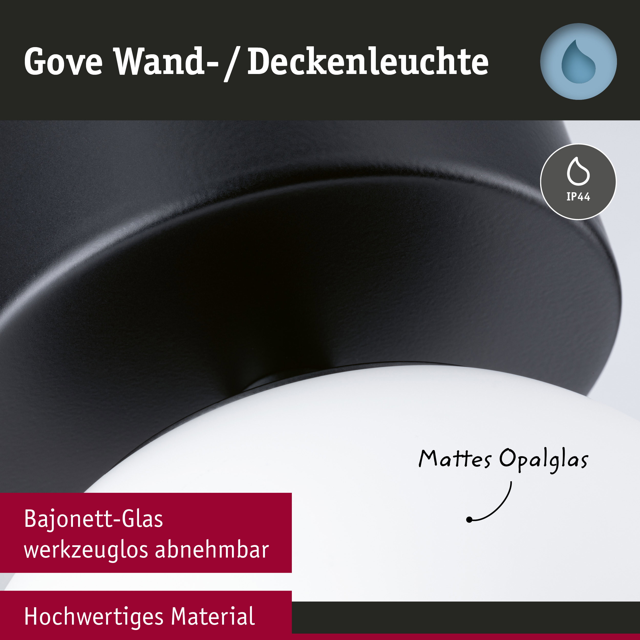 Gove Wand- und Deckenleuchte mit mattem Opalglas und schwarzem Bajonett-Glas, IP44 Schutz