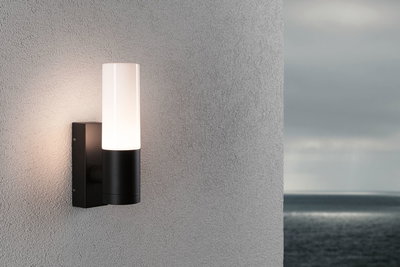 Modern black outdoor wall light with white glass, weatherproof for garden and terrace.