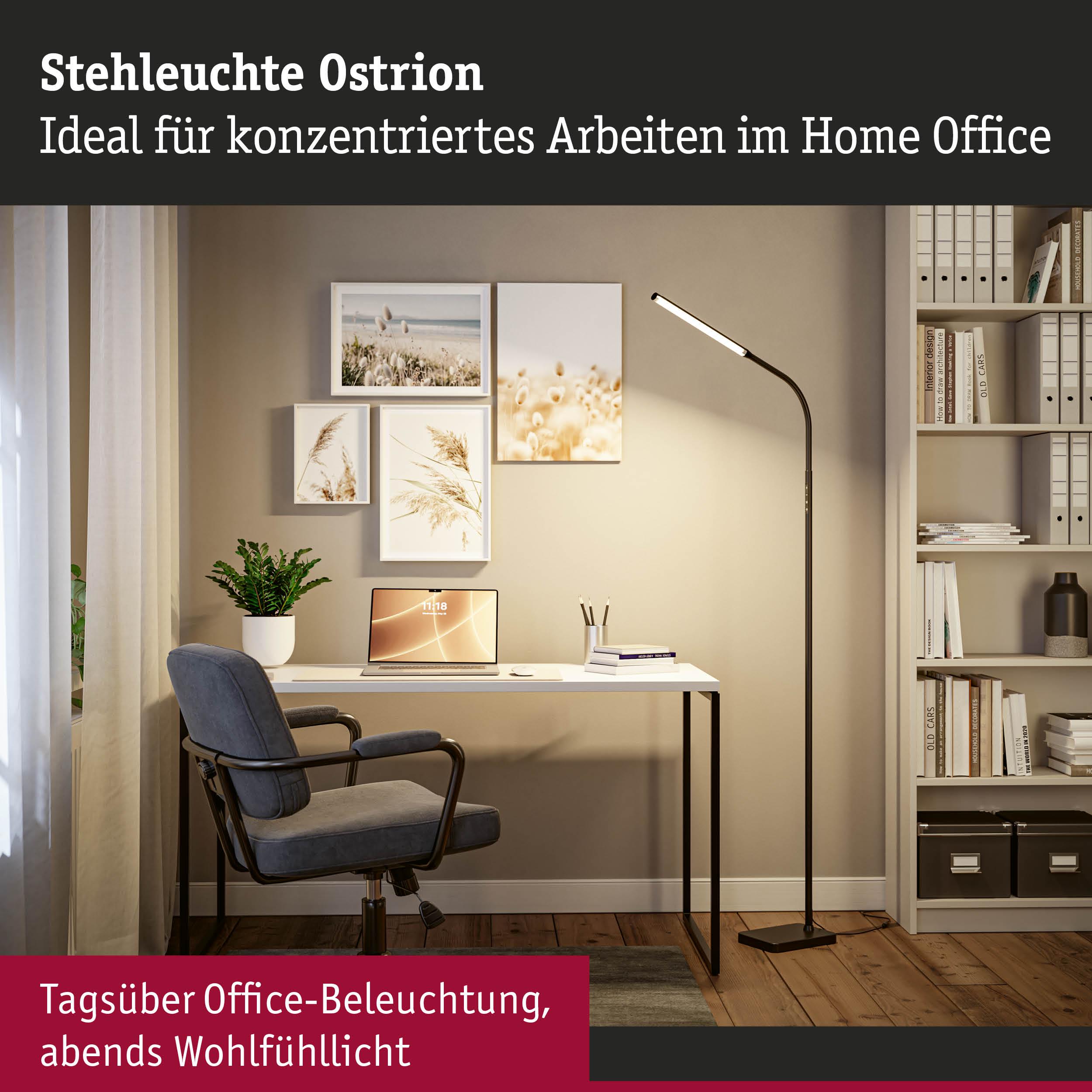 Stehleuchte Ostrion in Schwarz mit flexiblem Arm für konzentriertes Arbeiten im Home Office