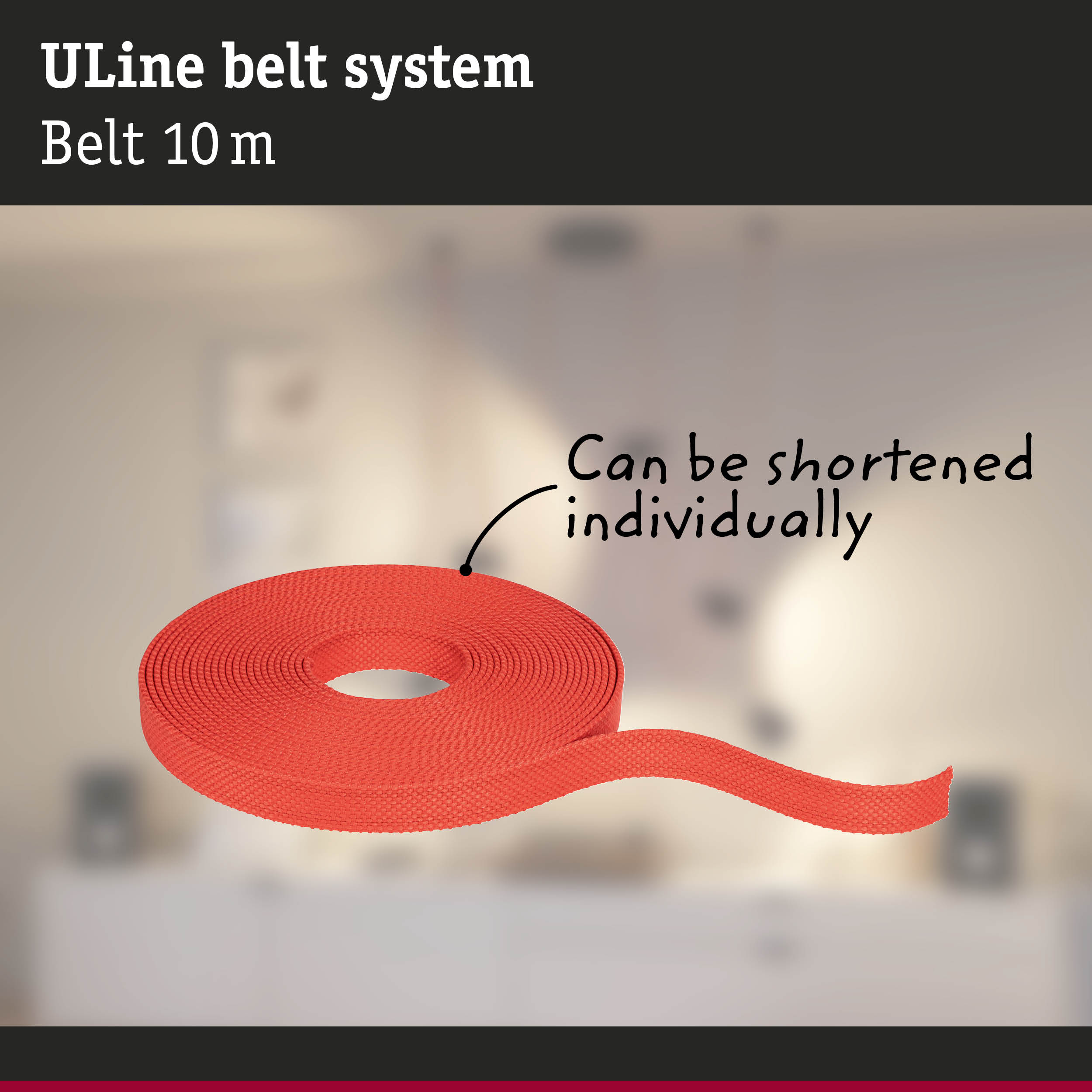 Red 10-meter ULine belt system made of durable material, can be shortened individually for versatile use