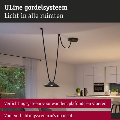 Zwart ULine hanglampensysteem met kabels aan het plafond in moderne keuken met verlichtingssysteem