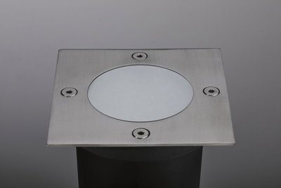 Eckiger Edelstahl-Bodeneinbaustrahler mit matter Glasabdeckung und vier Schrauben für Außenbeleuchtung