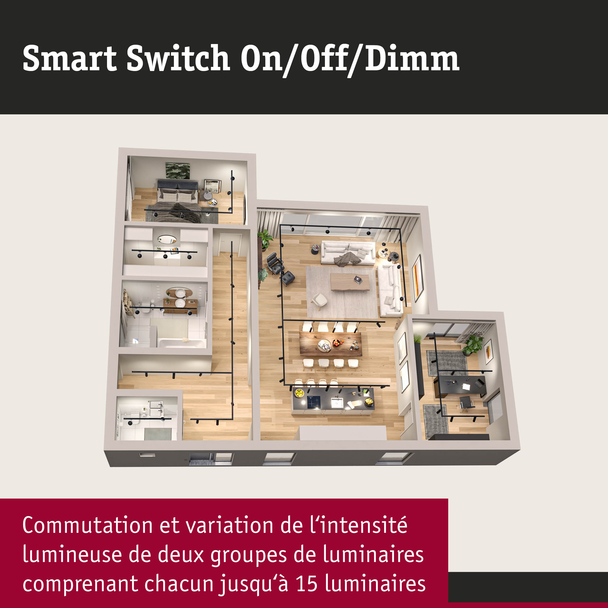Plan d'appartement avec éclairage LED sur rail noir et interrupteur intelligent On/Off/Dimm