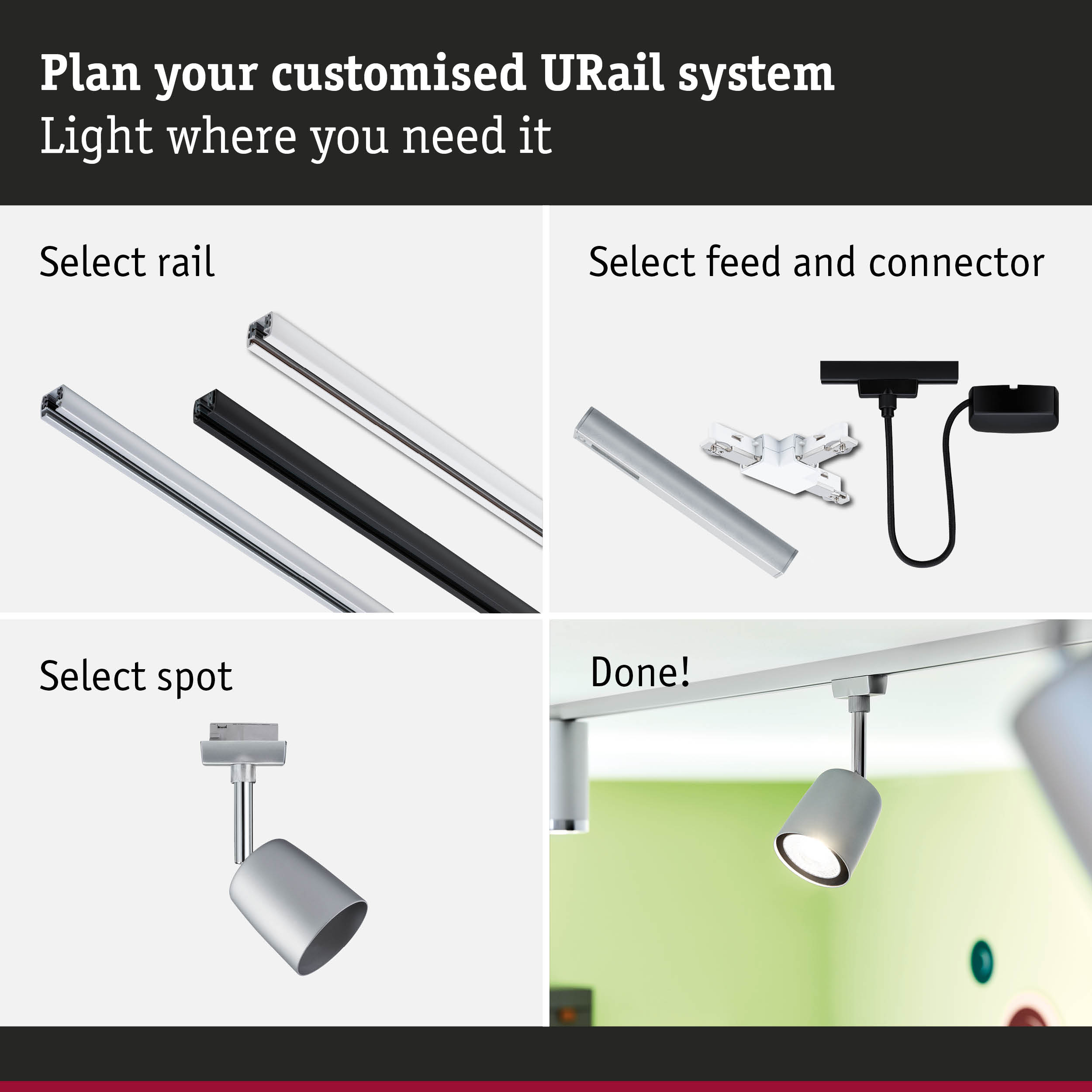 Step-by-step guide to plan a URail track system with rails, connectors, and spotlights