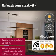 Black LED pendant light with warm white glow in modern kitchen, dimmable and smart home compatible