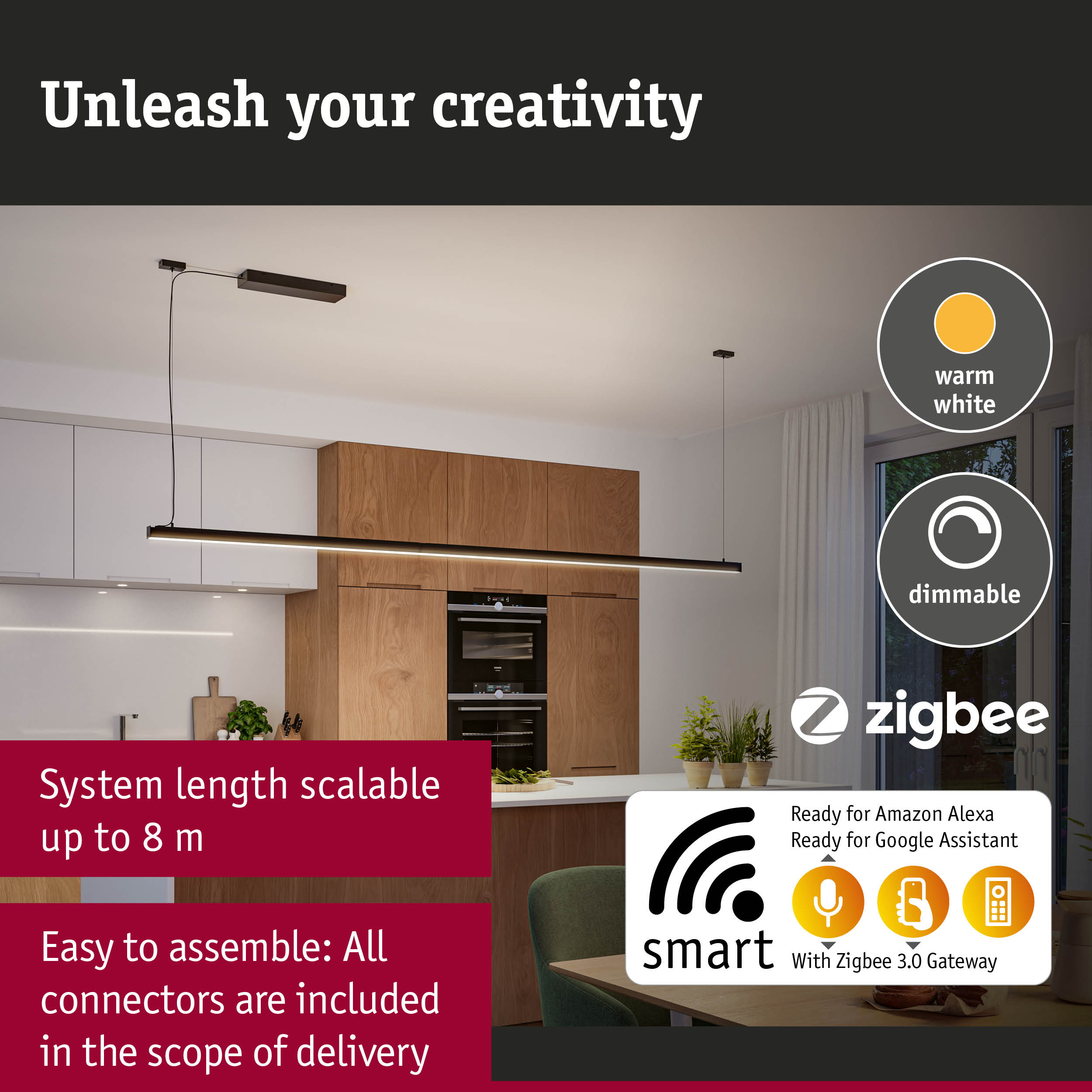 Black LED pendant light with warm white glow in modern kitchen, dimmable and smart home compatible