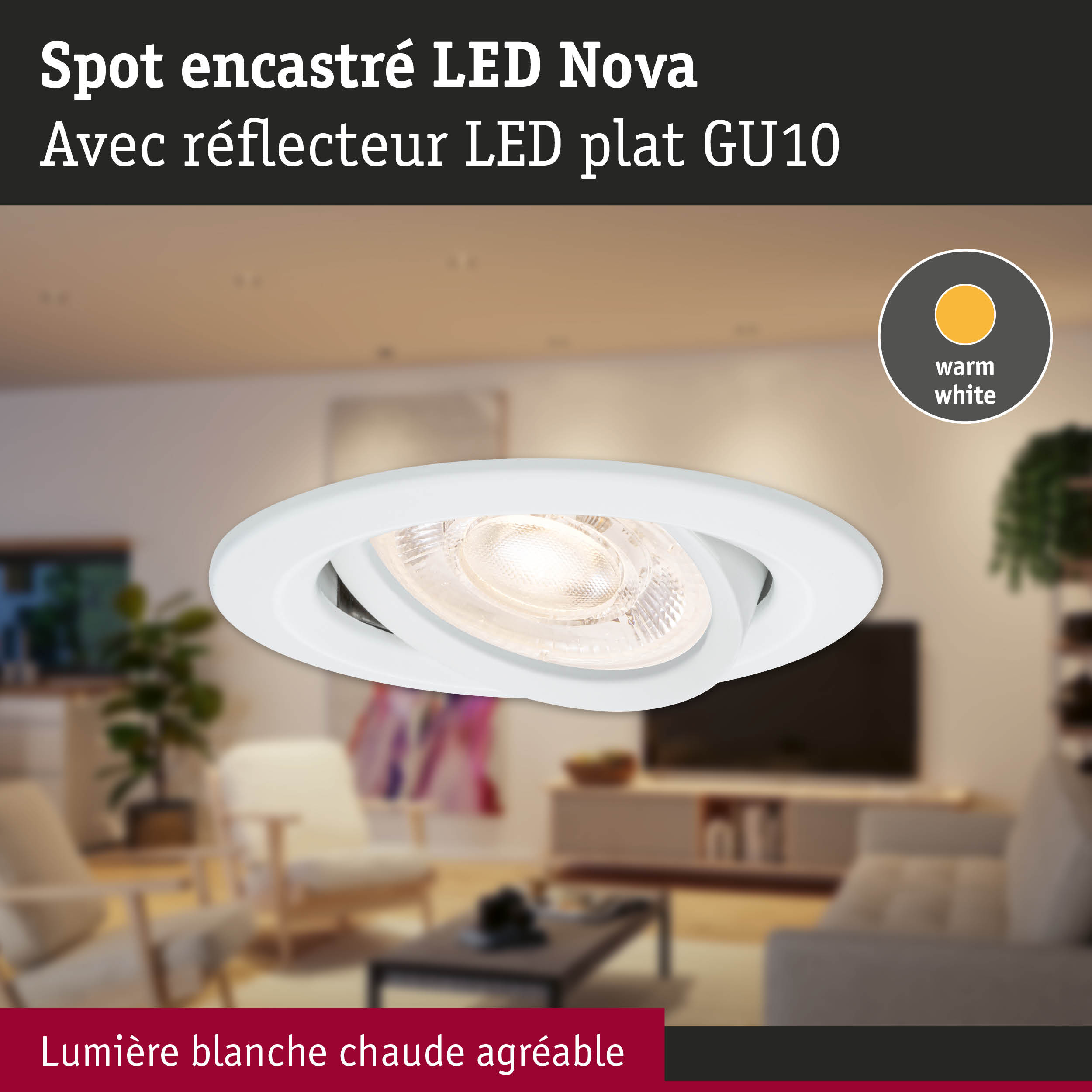 Spot encastré LED Nova blanc avec réflecteur plat GU10 et lumière blanc chaud pour intérieur