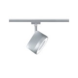 Moderner silberner LED-Strahler aus Metall an Schienensystem für flexible Raumbeleuchtung