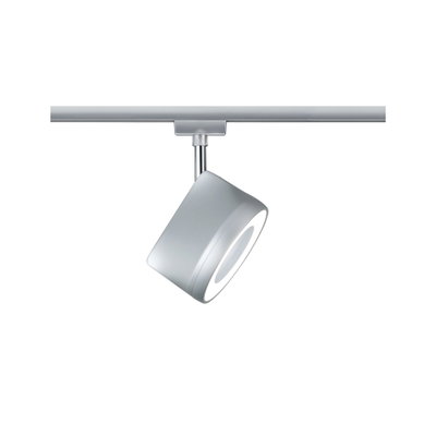 Moderner silberner LED-Strahler aus Metall an Schienensystem für flexible Raumbeleuchtung
