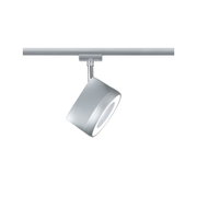 Moderner silberner LED-Strahler aus Metall an Schienensystem für flexible Raumbeleuchtung