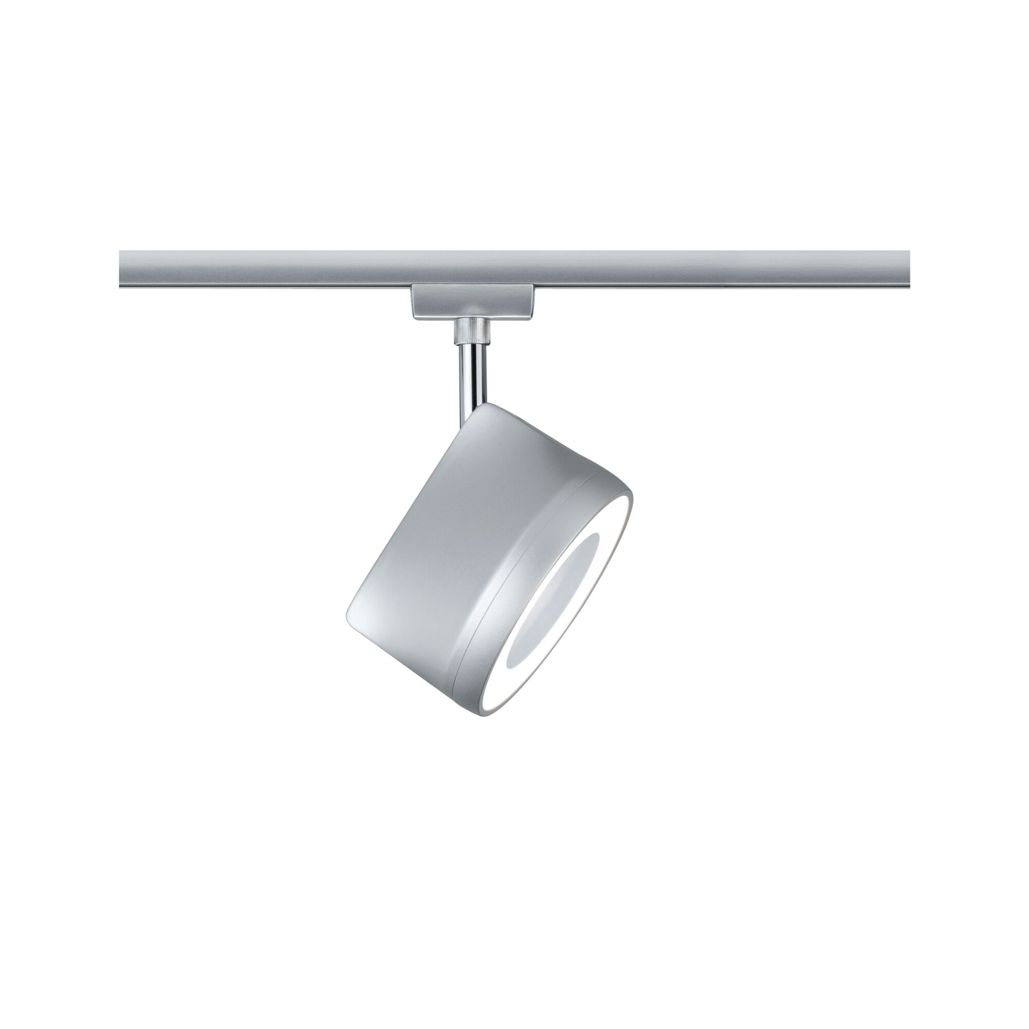 Moderner silberner LED-Strahler aus Metall an Schienensystem für flexible Raumbeleuchtung